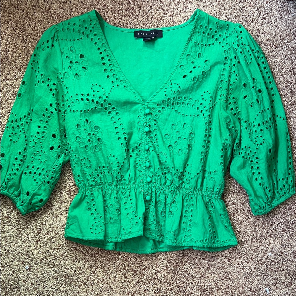 Sanctuary Green Eyelet V-Neck Peplum Blouse